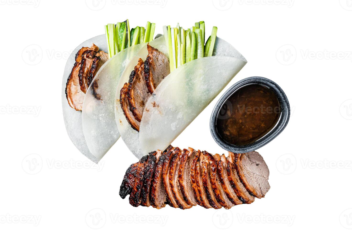 Traditional served Peking Duck with cucumber, green onion, in wheaten chinese pancakes. Isolated, white background. photo