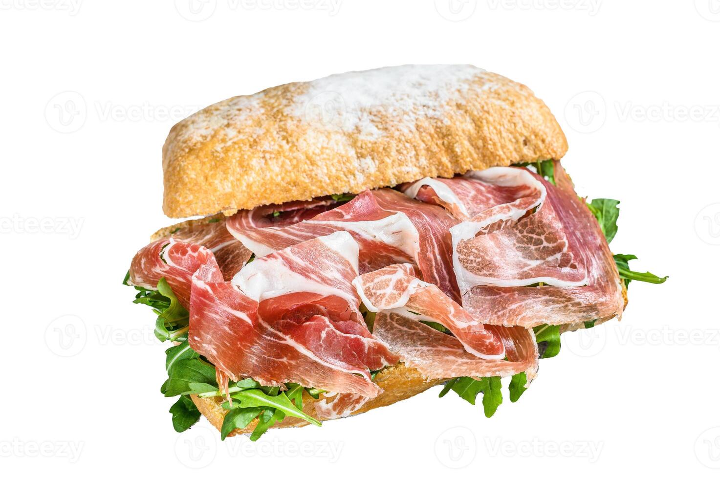 Prosciutto parma ham sandwich on ciabatta bread with arugula. Isolated on white background. photo