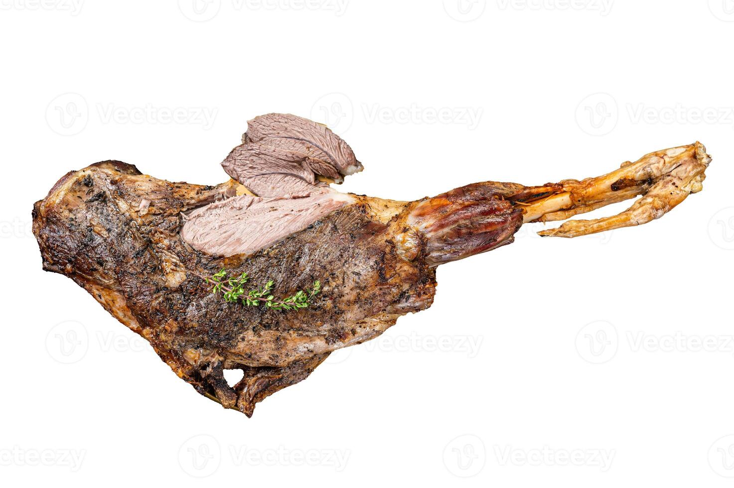 Christmas dish - Roast lamb leg meat with spices and thyme on a plate. Isolated, white background. photo