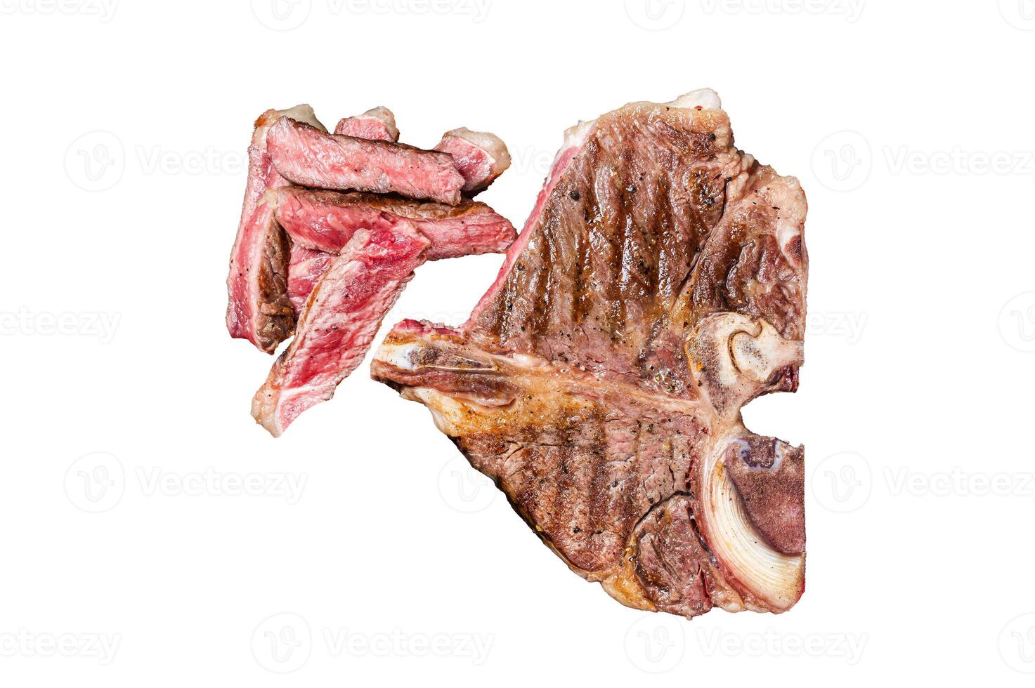 T bone grilled beef meat Steak, cooked Porterhouse on a marble board. Isolated, white background. photo
