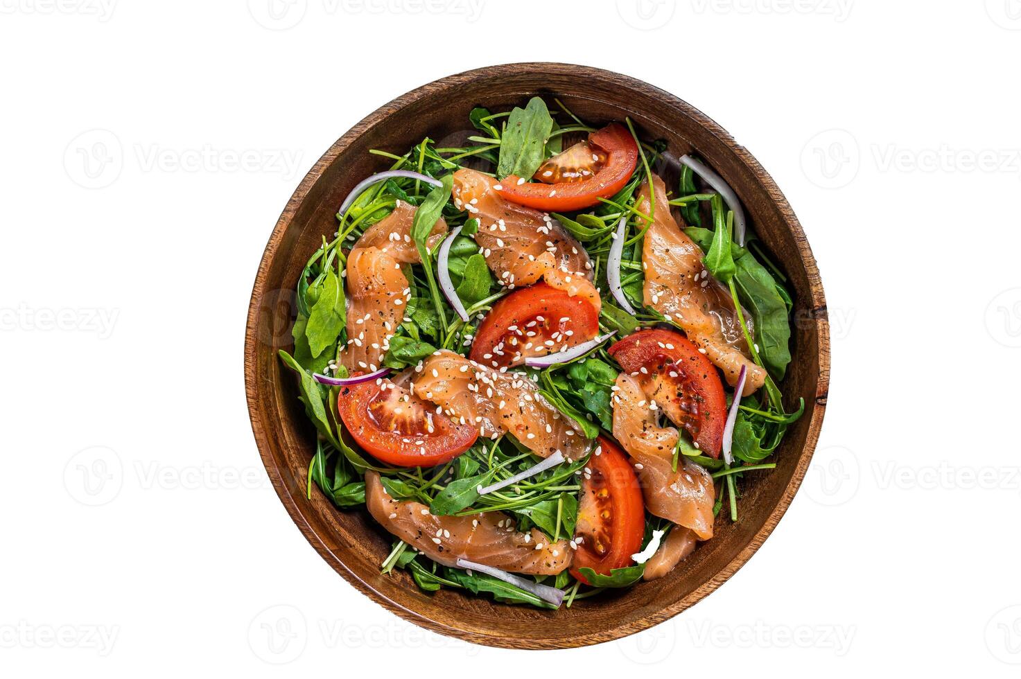 Smoked salmon salad with arugula, tomato and green vegetables. Isolated on white background photo