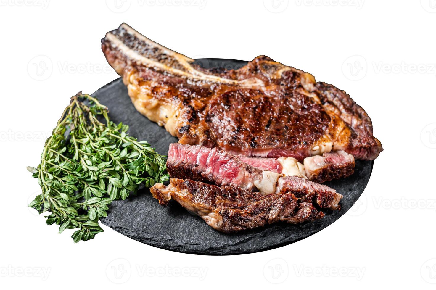 Roasted Tomahawk or cowboy with bone beef meat steak. Isolated on white background. Top view. photo