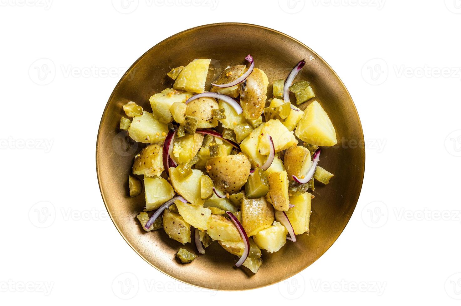 Warm Potato salad with red onion, capers, greens in a plate. Isolated on white background. photo
