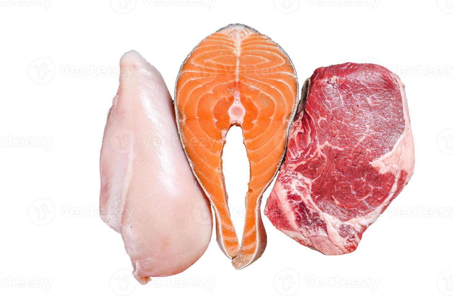 Different types of raw meat steaks Beef striploin, salmon and chicken breast. Isolated on white background. photo