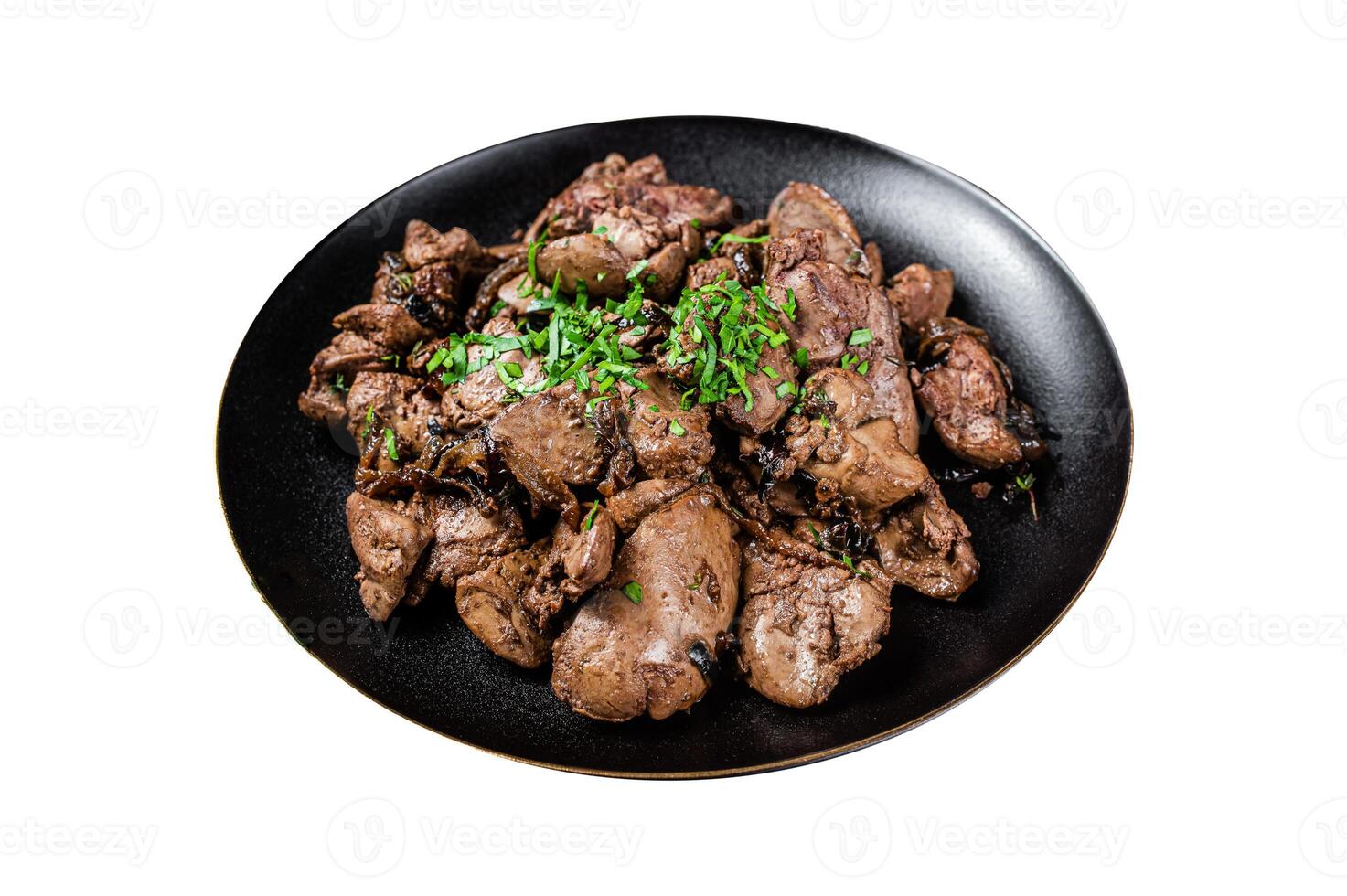 Fried chicken liver with onions and parsley in a plate. Isolated on white background. Top view. photo