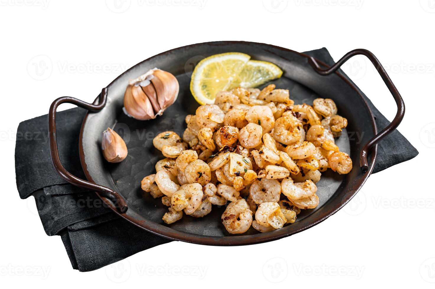 Grilled Shrimps prawns with garlic, olive oil and lemon in a tray. Isolated, white background. photo
