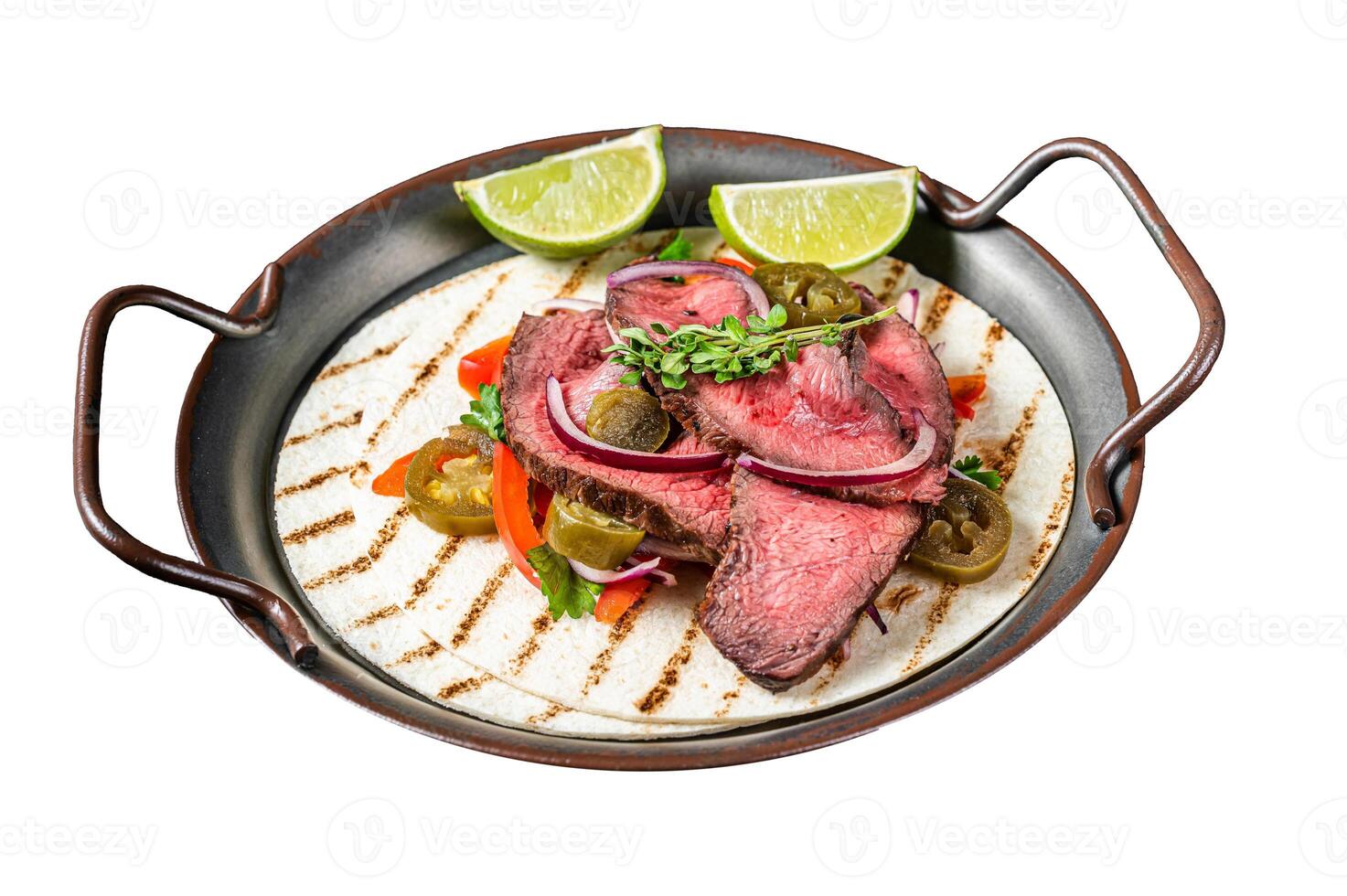 Carne Asada Tacos with grilled steak, green sauce, jalapenos and onion, Mexican food. Isolated on white background. Top view. photo