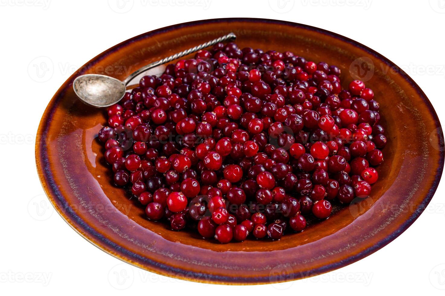 Ripe Red Cranberry berry in a rustic plate. High quality Isolate, white background. photo