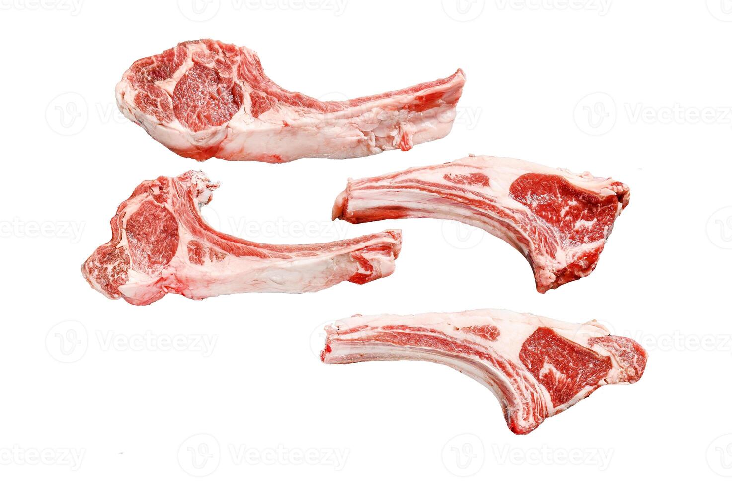 Raw lamb chops, Rack of Lamb. Organic meat steak. Isolated on white background. Top view. photo