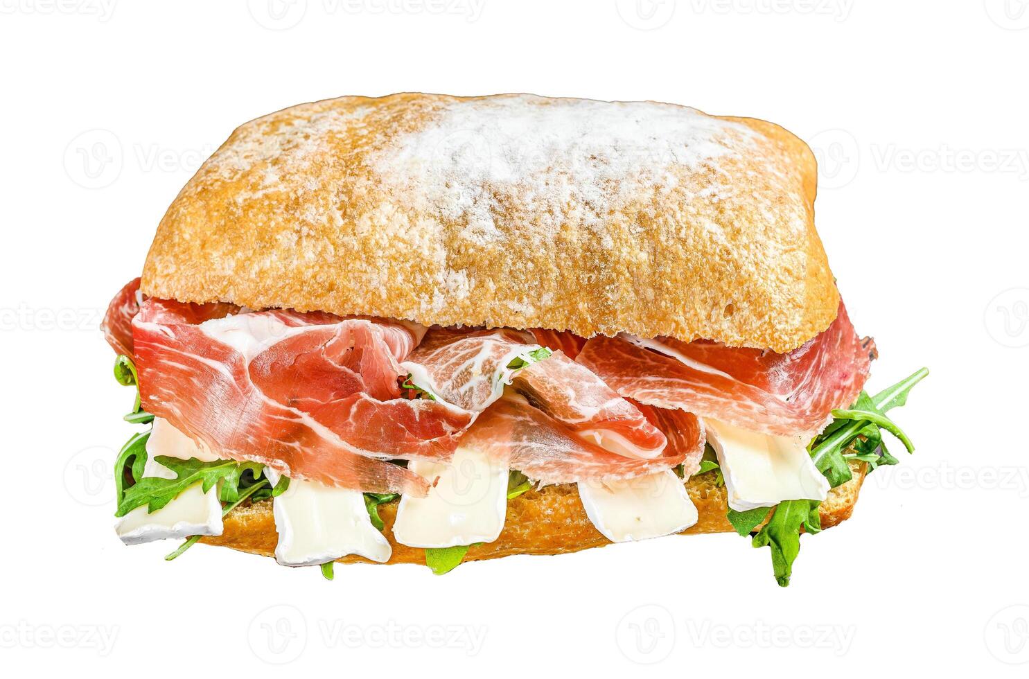 Jamon Ham Sandwich on ciabatta bread with arugula and camembert brie cheese. Isolated on white background, Top view. photo
