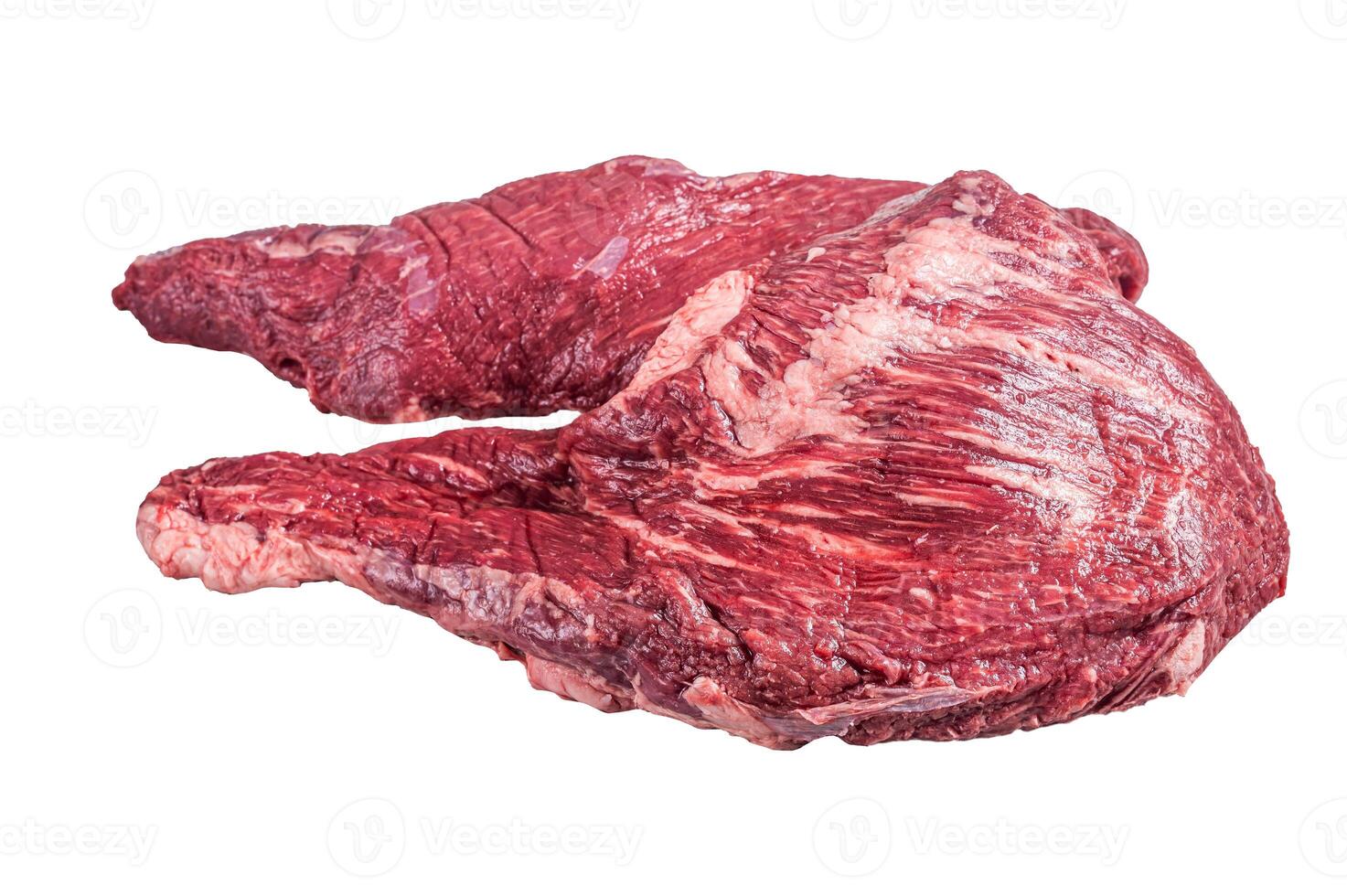 Raw tri tip beef steak on kitchen table. Isolated on white background photo