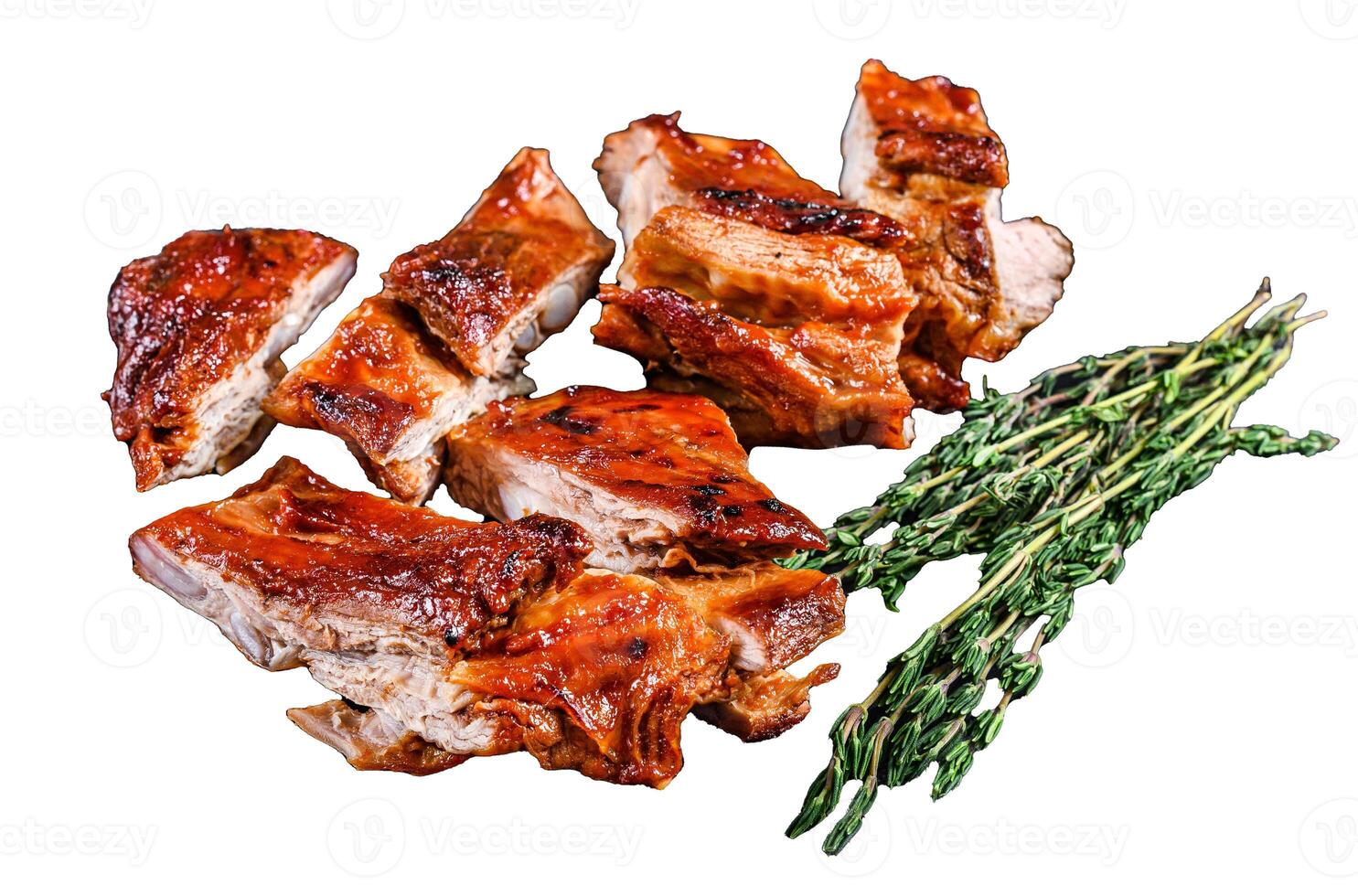 Sliced Grilled veal short spare rib meat with butcher knife. Isolated on white background, top view. photo