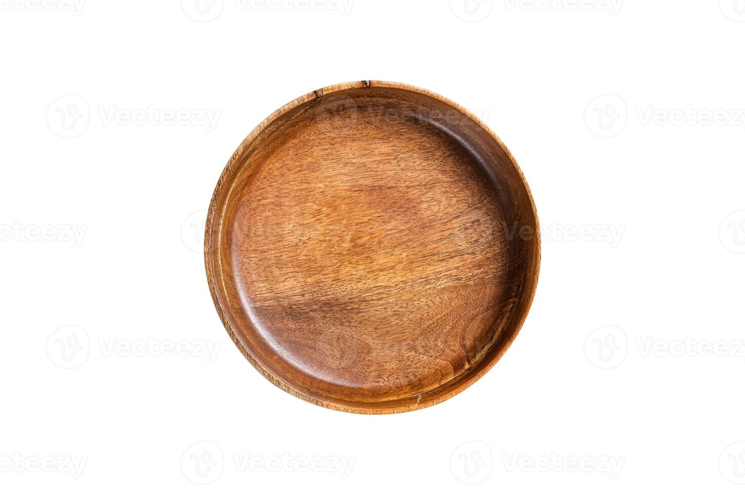 Table setting with vintage empty wooden plate on rustic wood. Isolated on white background. photo