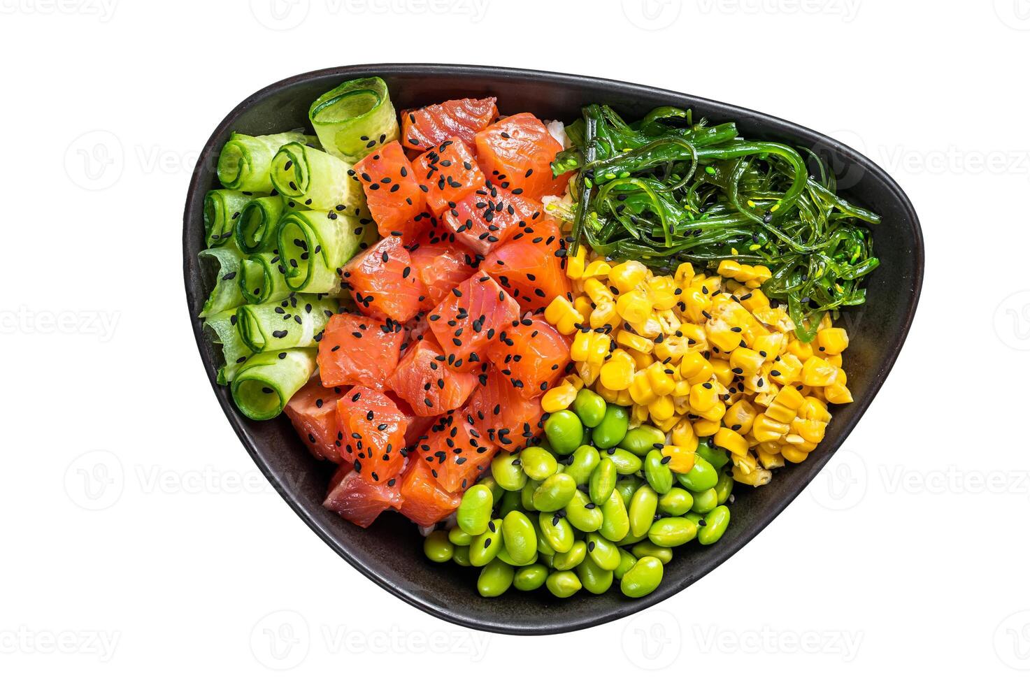 Salmon Poke bowl with Cucumber, Edamame, and Rice. Isolated on white background. photo