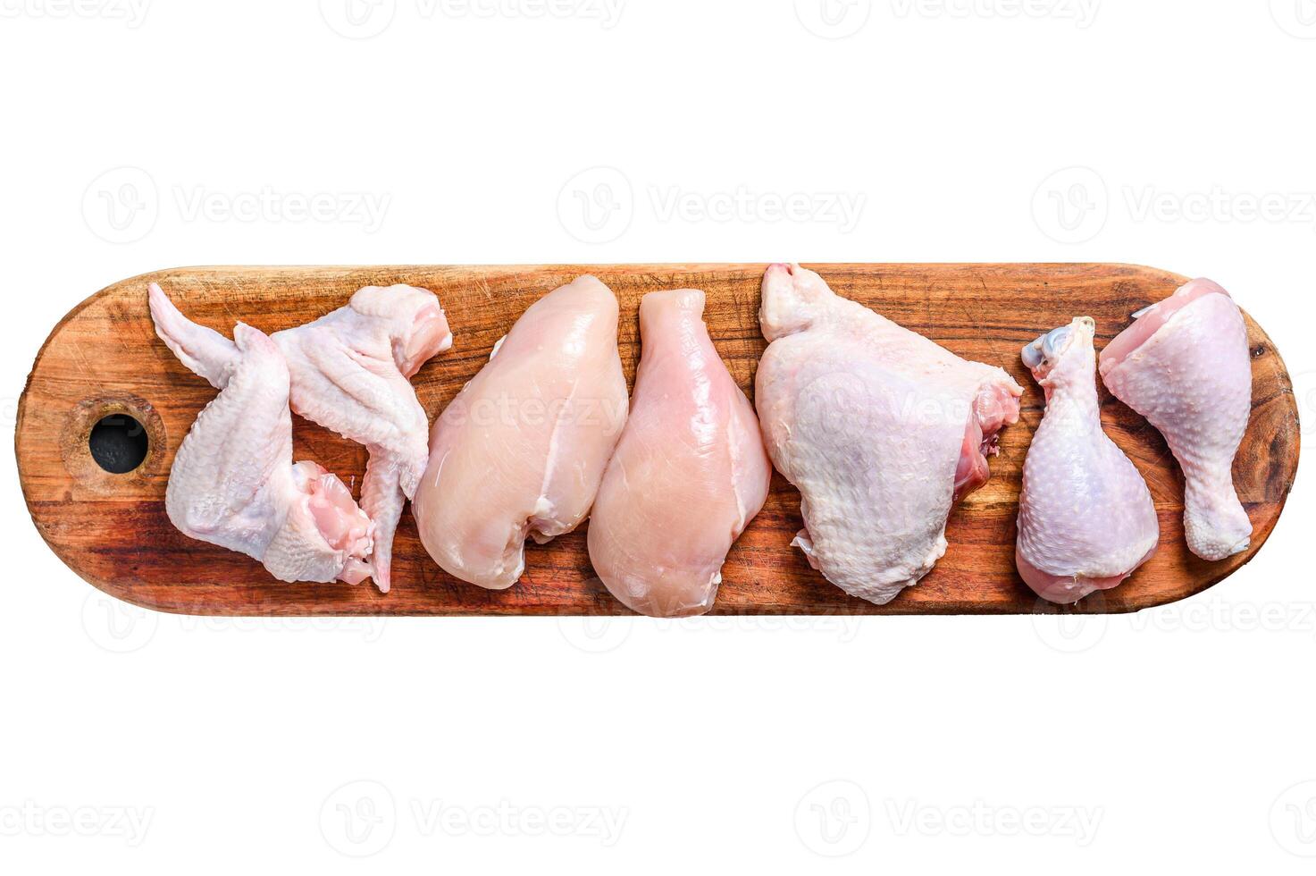 Different types of raw chicken meat, poultry. Isolated on white background. photo