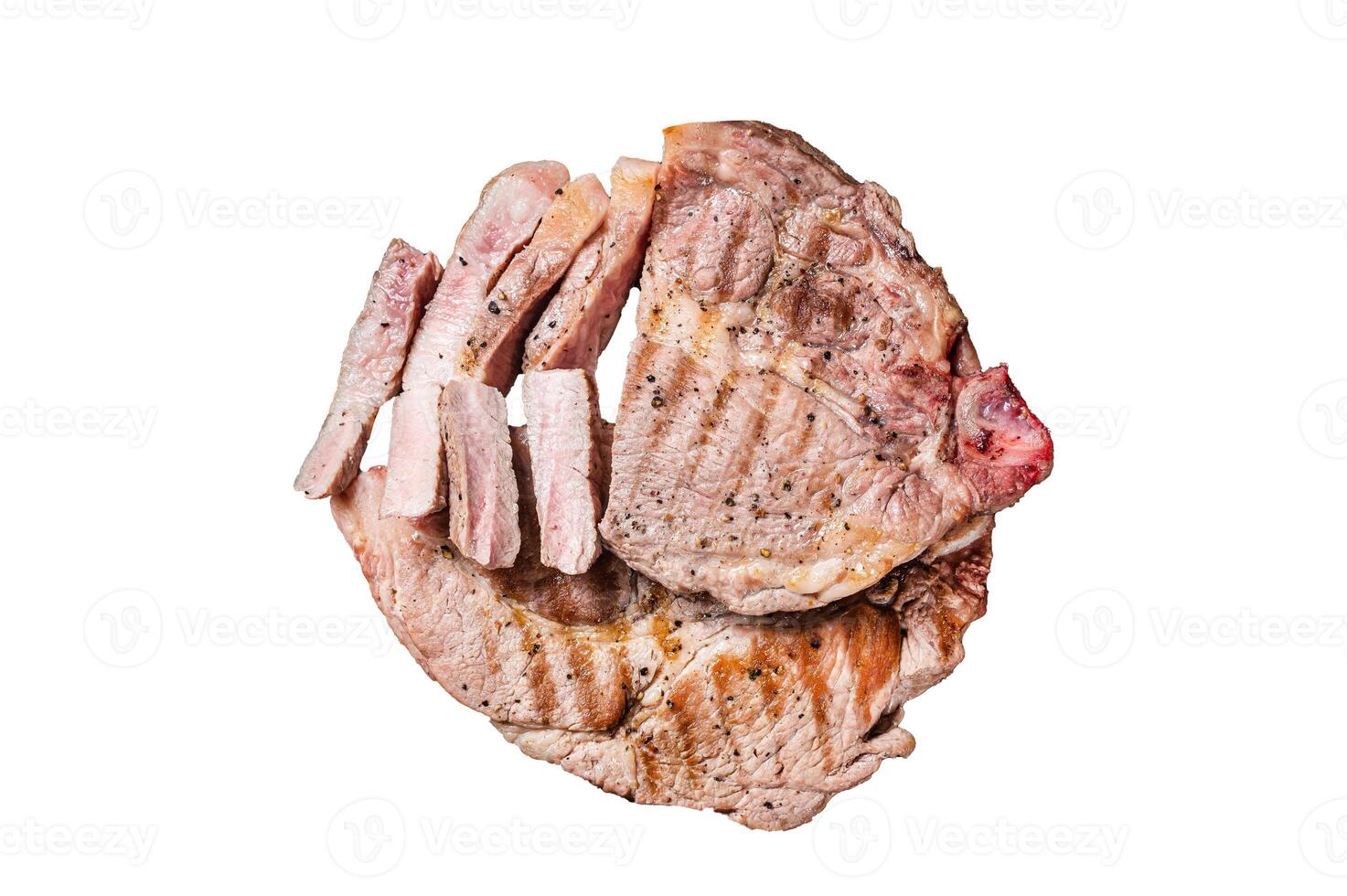 Grilled meat - Pork steaks from neck fillet meat in plate with pickled cucumbers. Isolated on white background. photo