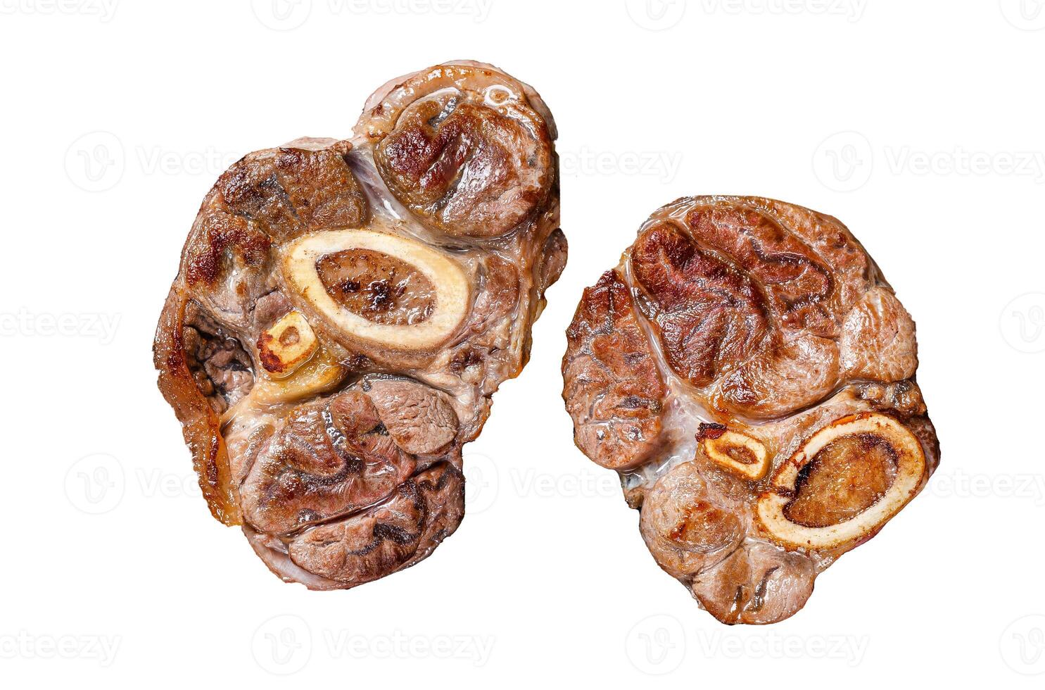 Stewed meat on the bone Osso Buco beef shank, italian ossobuco steak. Isolated on white background, top view. photo