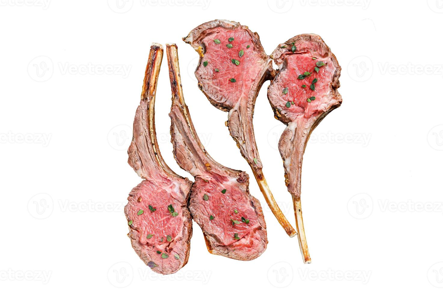 Roast lamb rib chop meat steaks Isolated on white background, Top view. photo