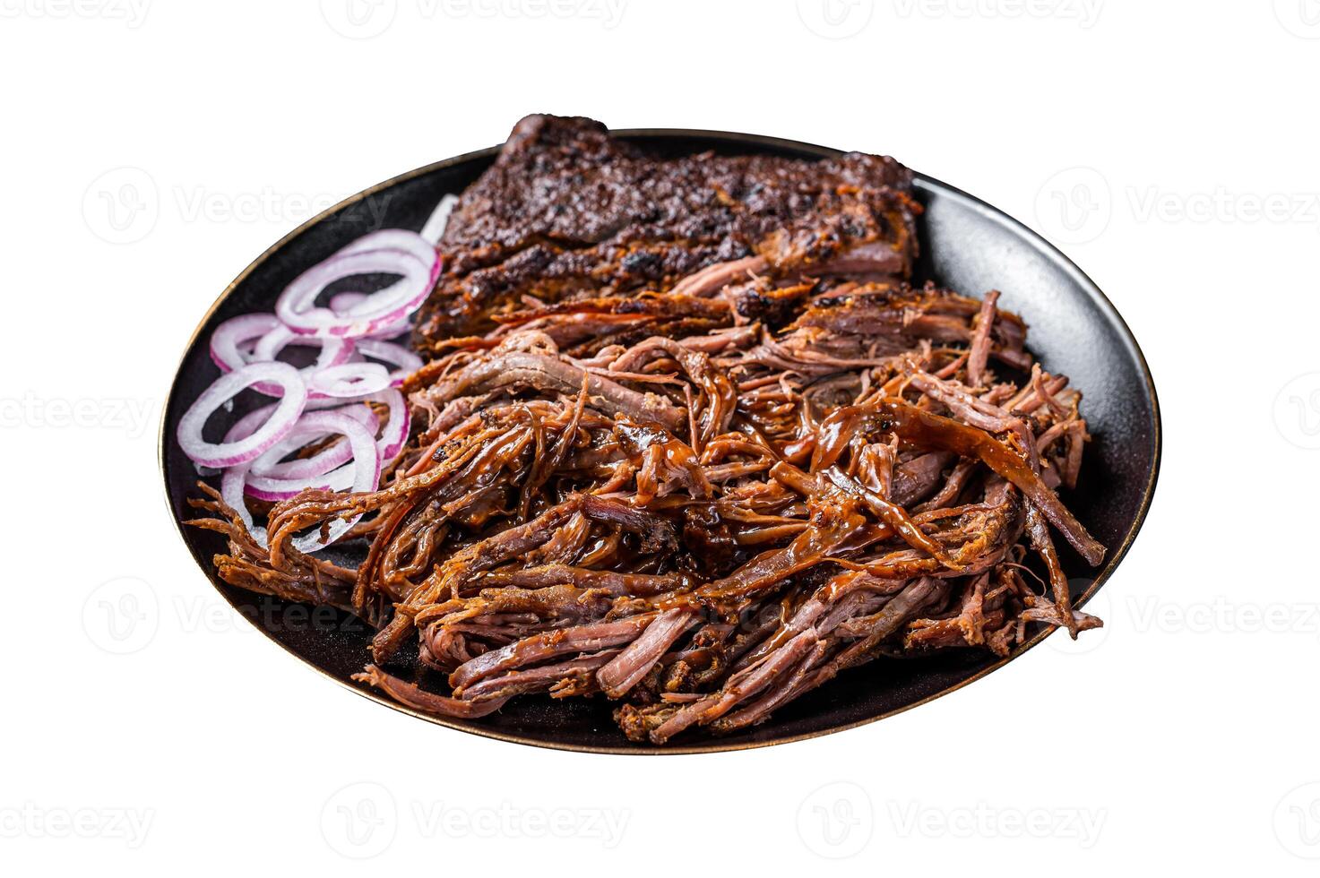 BBQ pulled pork meat on plate. Isolated on white background. Top view. photo