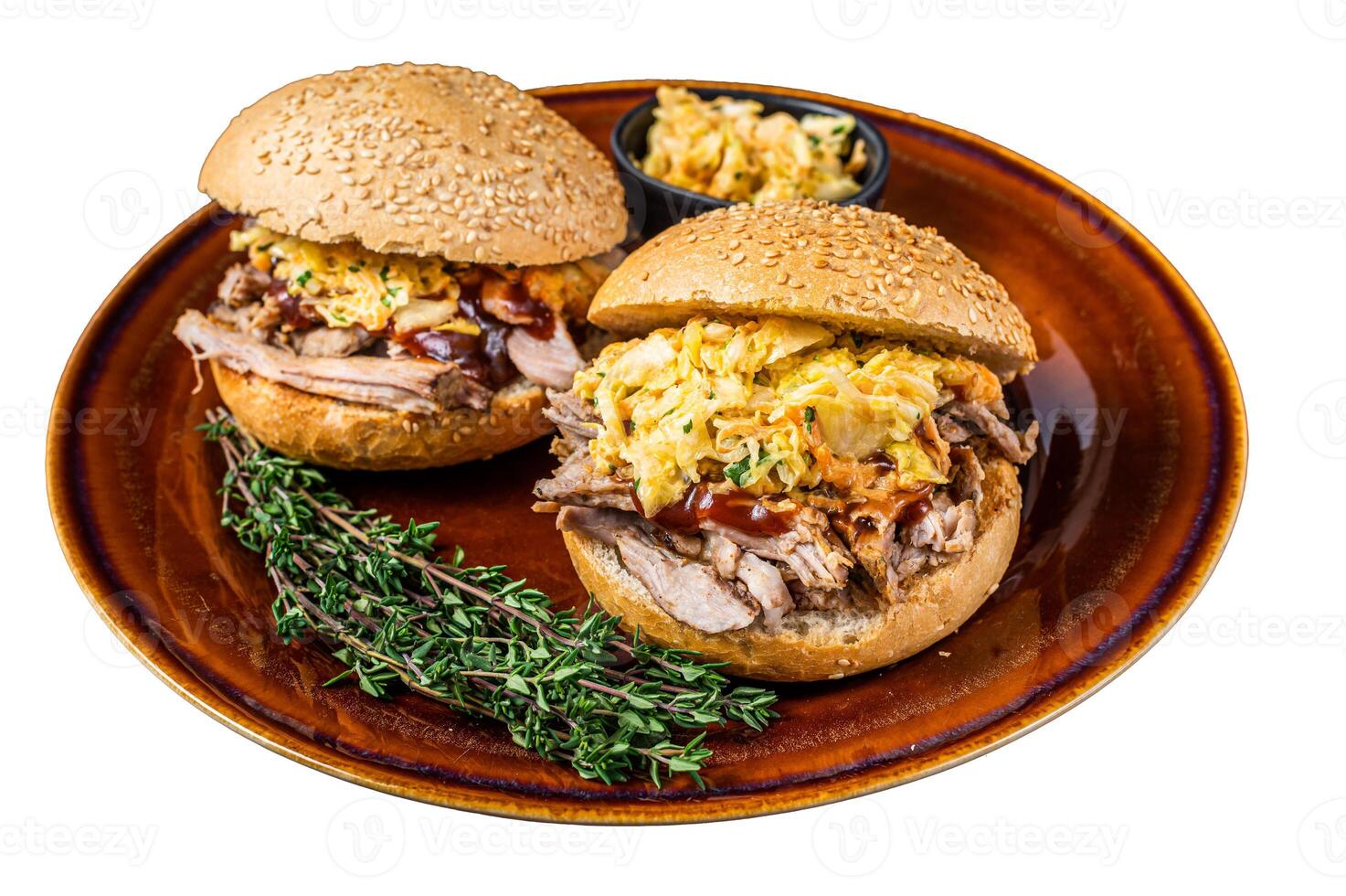 Pulled Pork meat Hamburger with coleslaw salad. Isolated on white background. photo