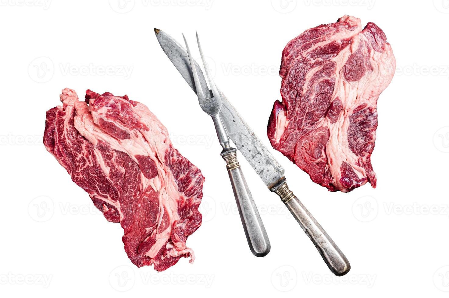 Fresh marbled meat Steaks with meat knife and fork table, beef rib eye steak. Isolated, white background. photo
