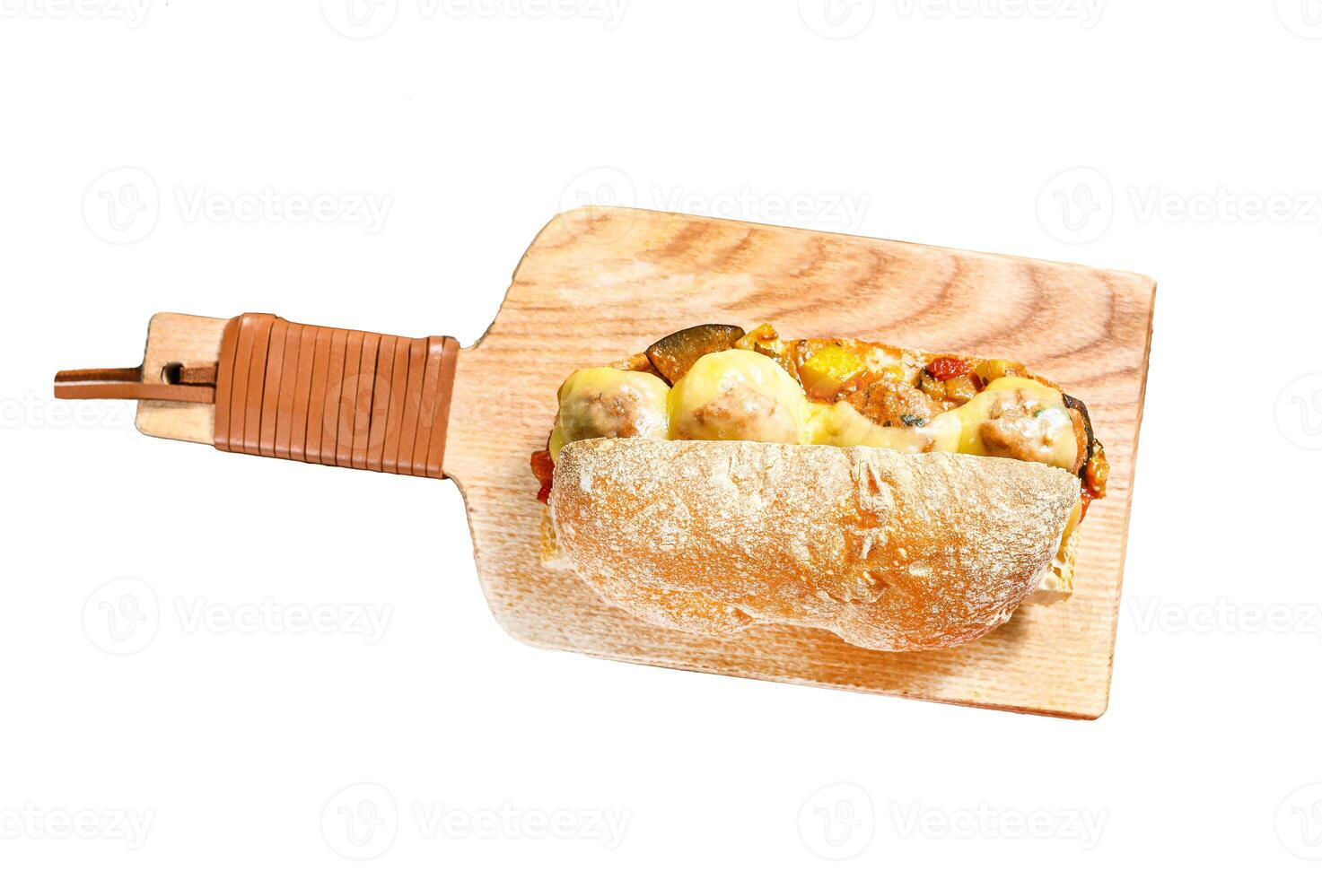 Submarine sandwich with meatballs. Isolated on white background. Top view. photo