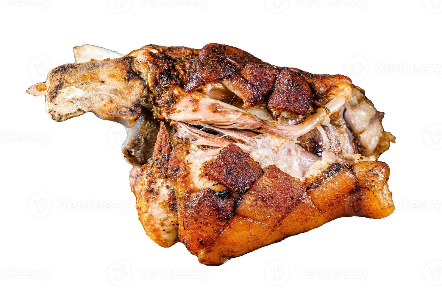 Roasted pork knuckle eisbein on a wooden board with herbs. Isolated on white background. photo