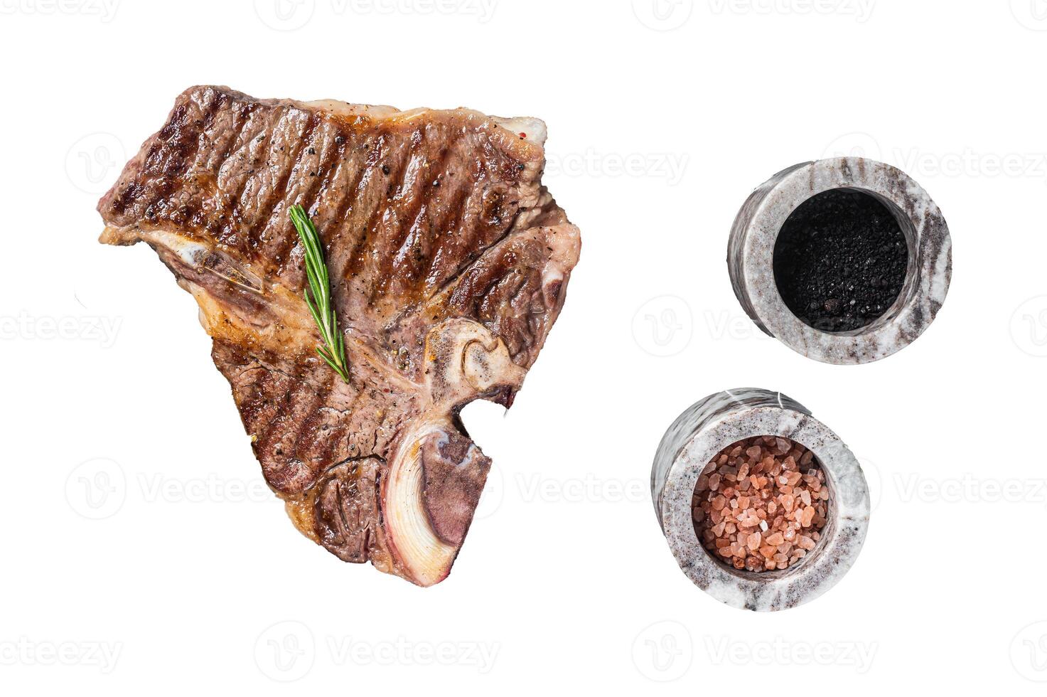 Grilled t-bone porterhouse beef meat Steak on a grill with spices. Isolated, white background. photo