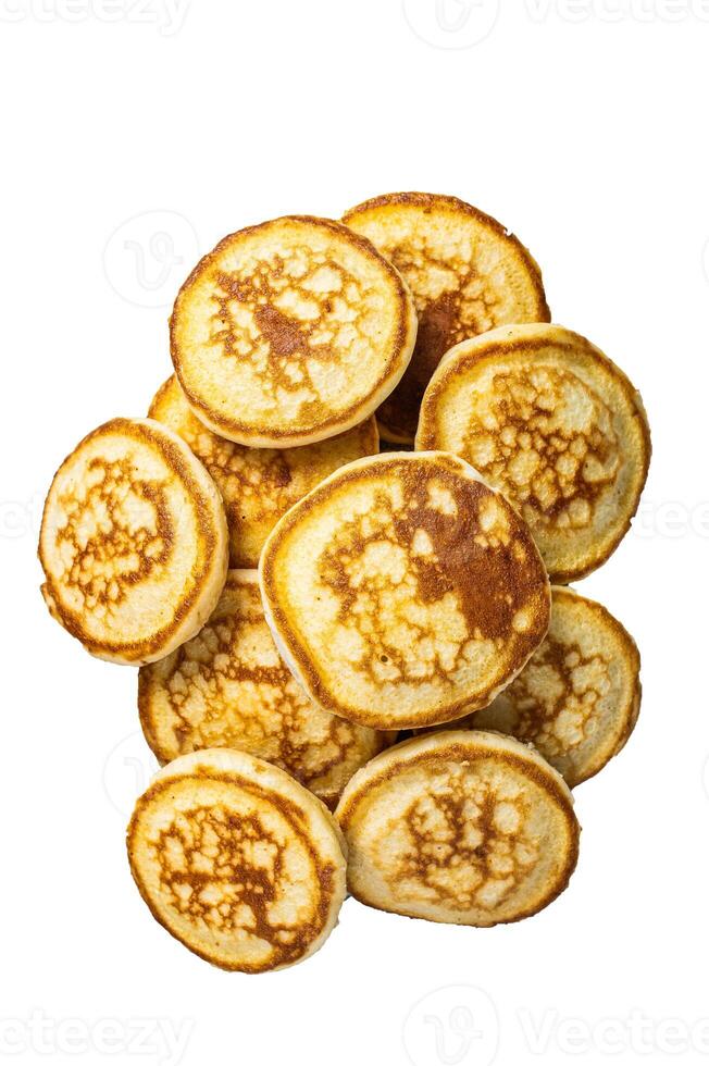 Stack of buttered pancakes on a kitchen table. High quality Isolate, white background. photo
