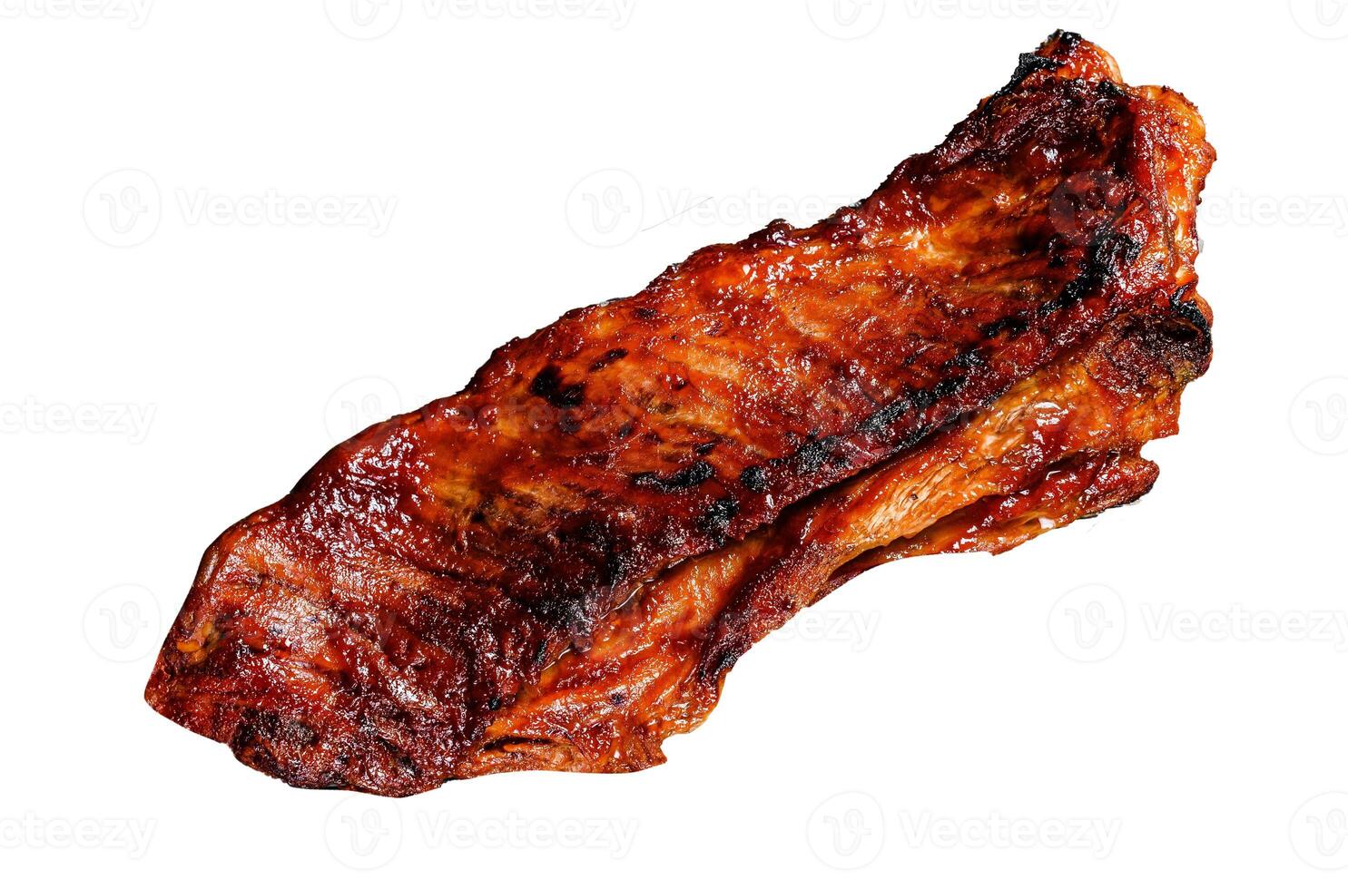 Sliced Grilled veal short spare rib meat with butcher knife. Isolated on white background, top view. photo