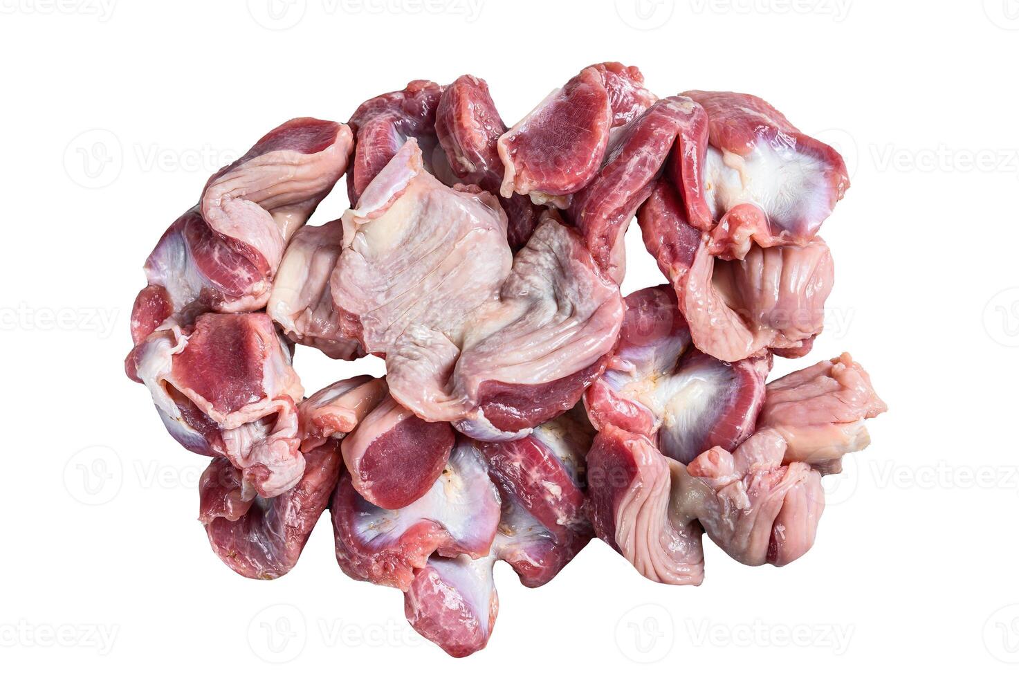 Raw uncooked chicken gizzards, stomach. Isolated on white background. photo
