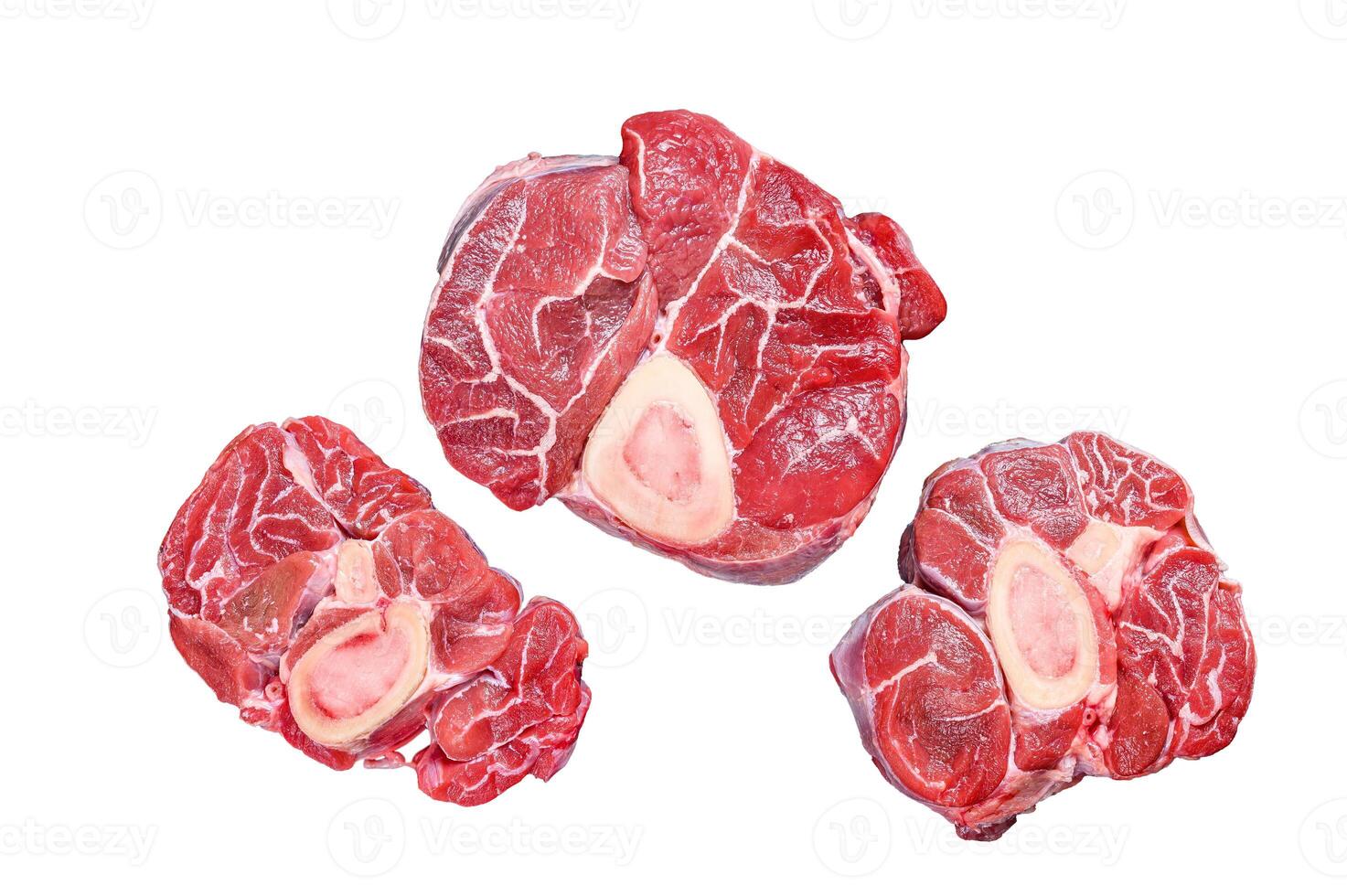 Fresh veal meat osso buco shank steak, italian ossobuco. Isolated on white background. photo