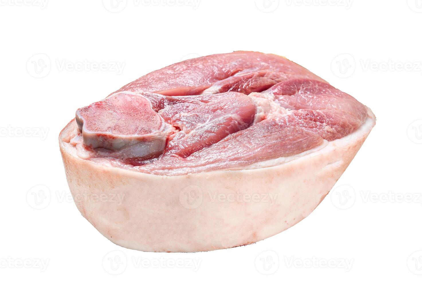 Cut of raw pork knuckle, leg on a table. Farm fresh meat Isolated on white background. Top view. photo