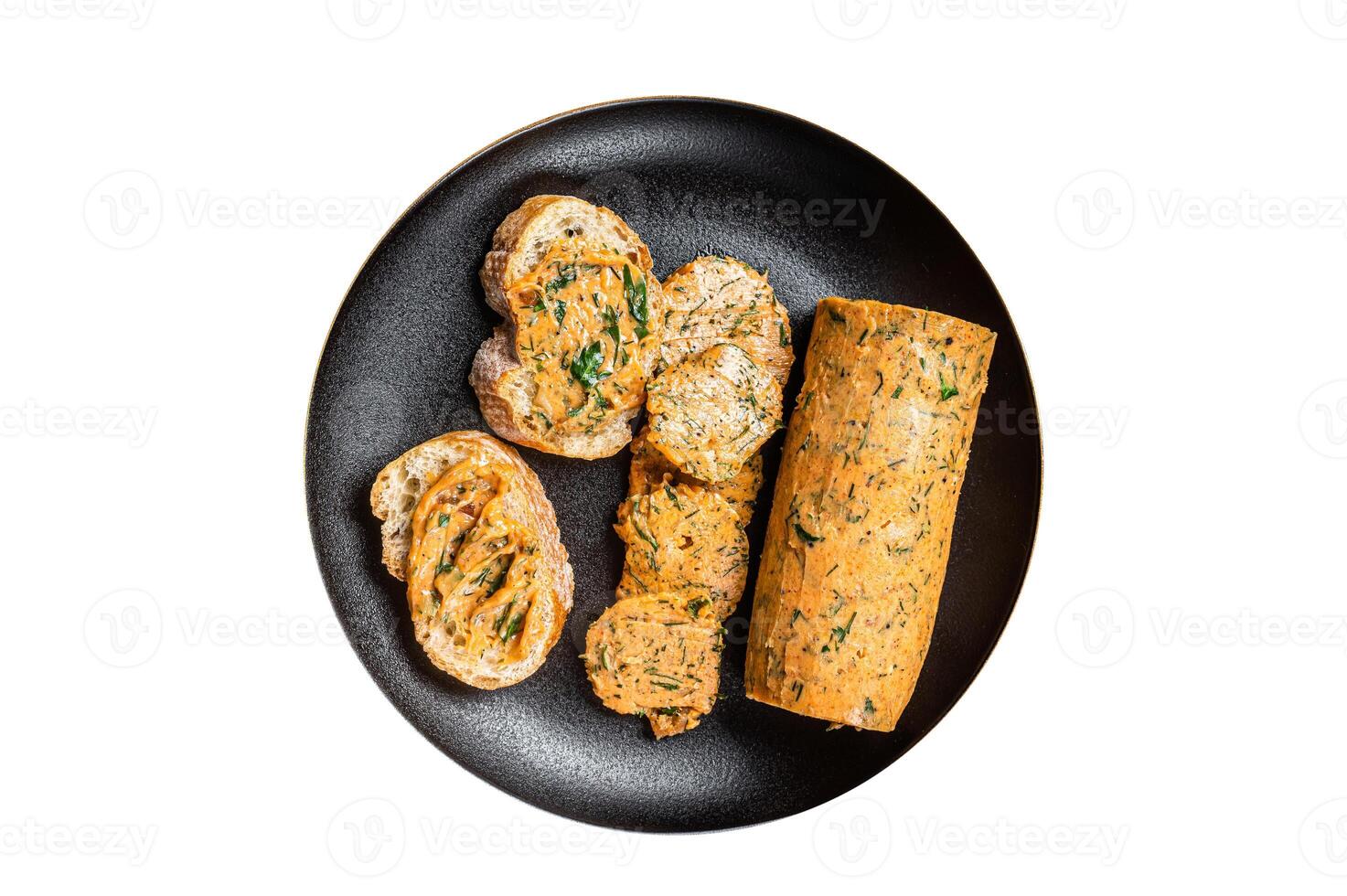 Butter with flavoring additives, sandwich butter with fresh herbs, sweet peppers, lemon, onion, garlic. Isolated on white background. photo