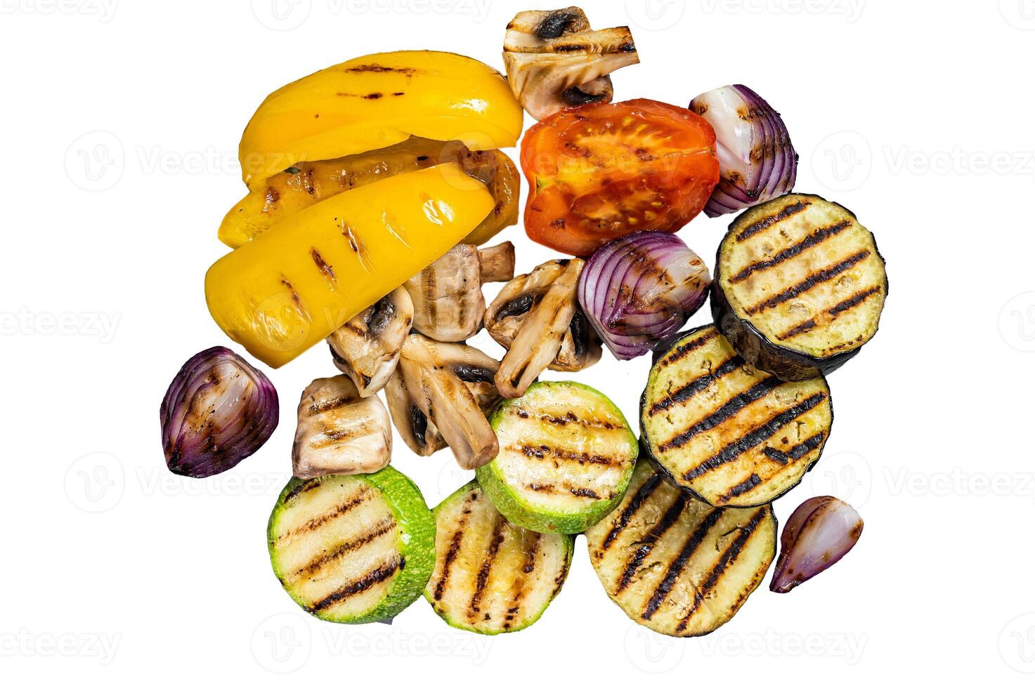 Seasonal summer Grilled vegetables on a grill, bell pepper, zucchini, eggplant, onion and tomato. Isolated on white background. photo