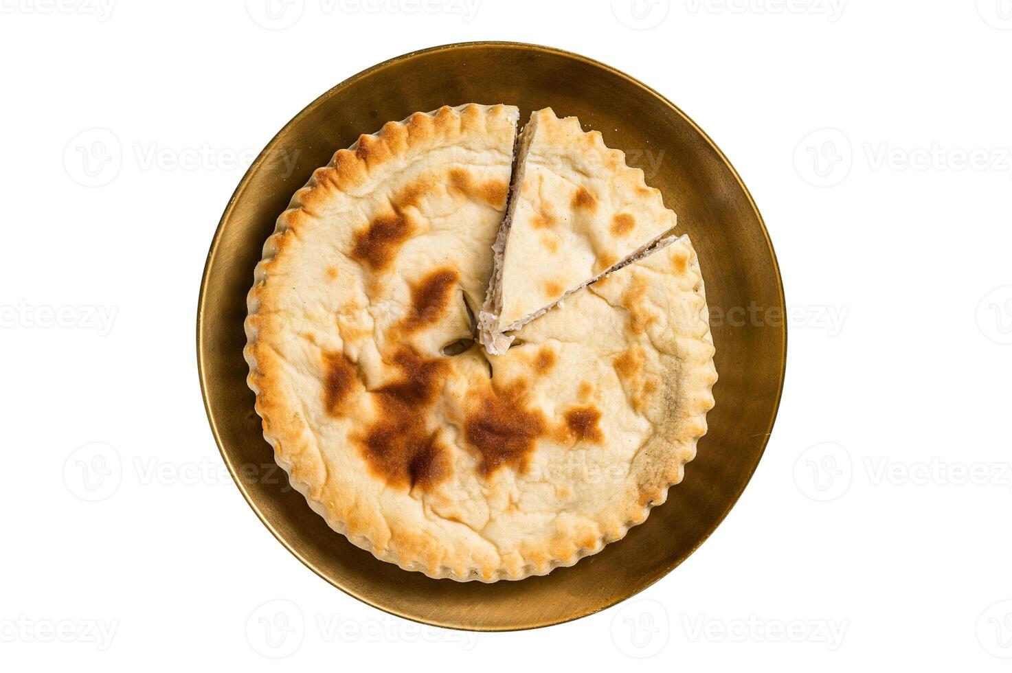 Meat pie Kubdari, Tasty Georgian Flat Bread Stuffed with meat. Isolated on white background. photo