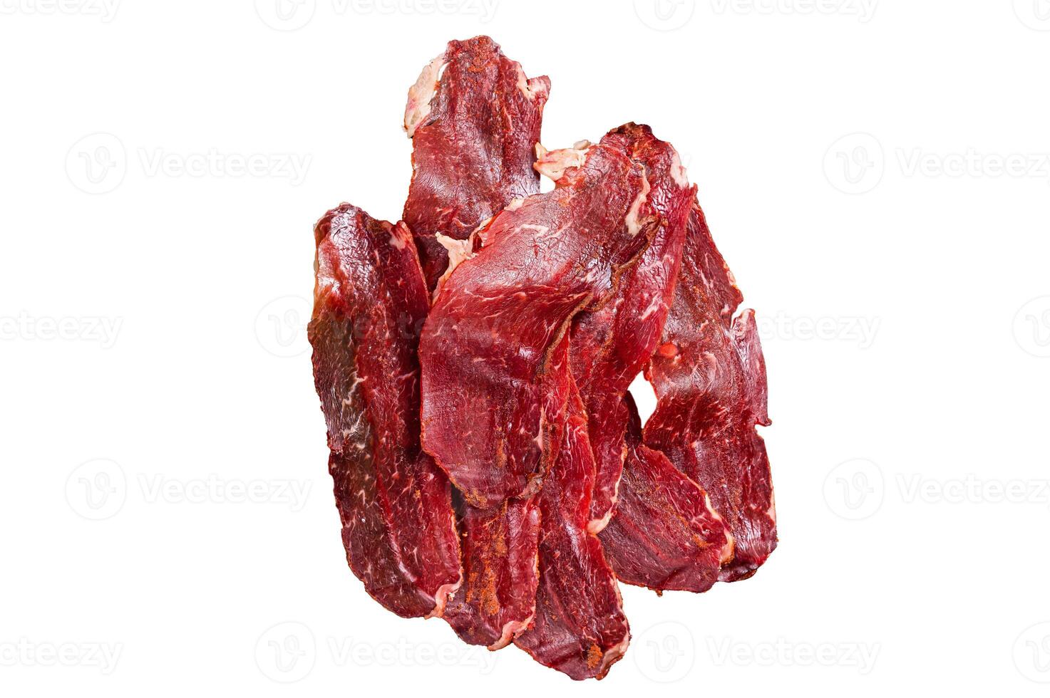 Dried sliced basturma, cured beef meat ready for eat. Isolated on white background. photo