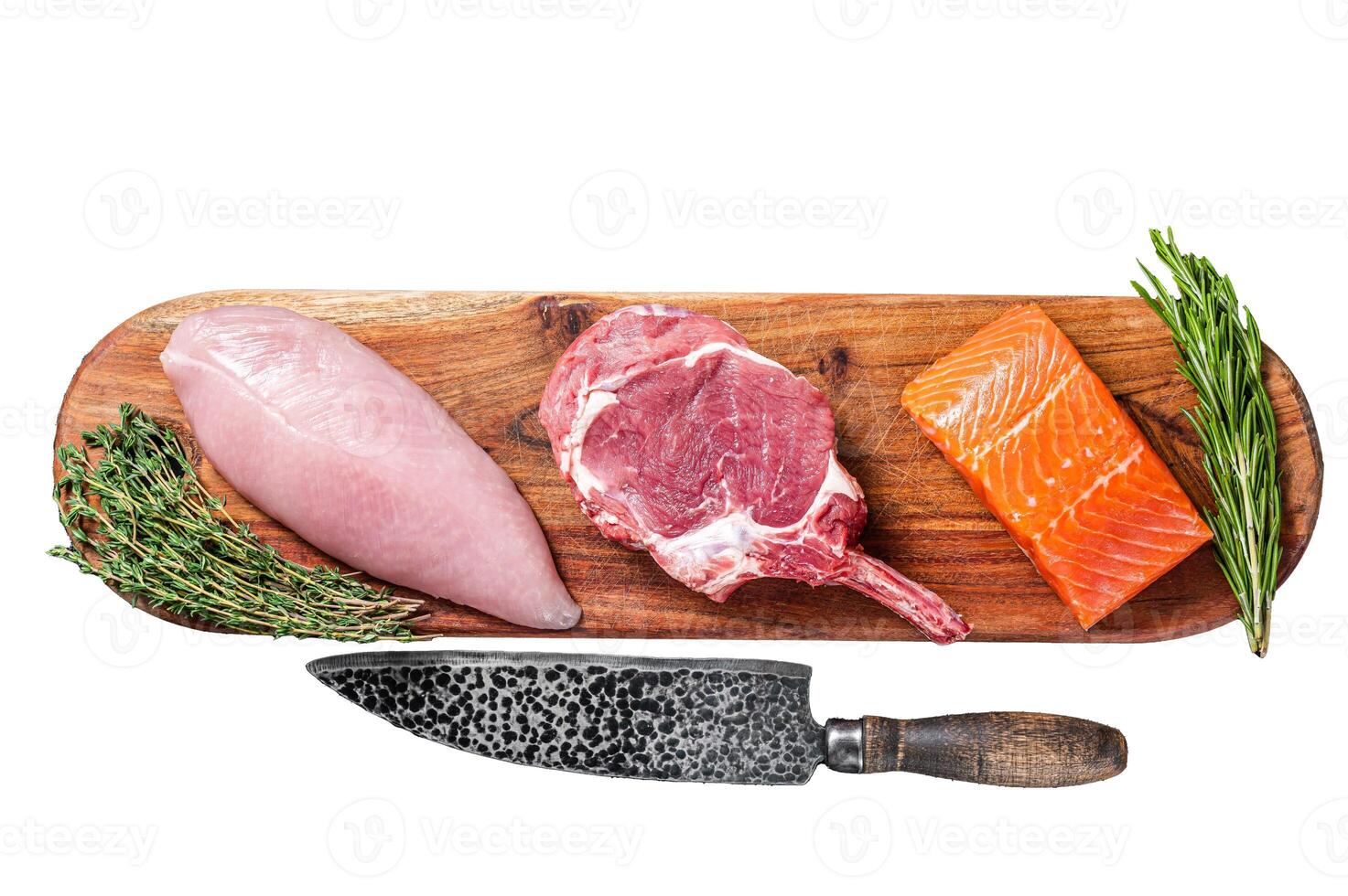 Raw meat steaks - fish salmon, beef veal and turkey. Isolated on white background, top view. photo
