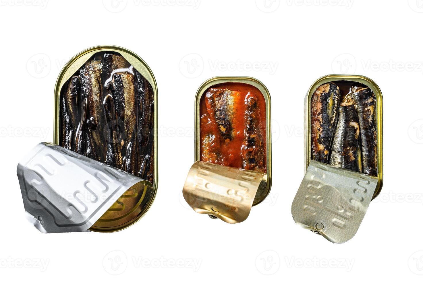 Assorted canned fish in a tin sardine, smoked sardine, mackerel. Isolated on white background. Top view. photo