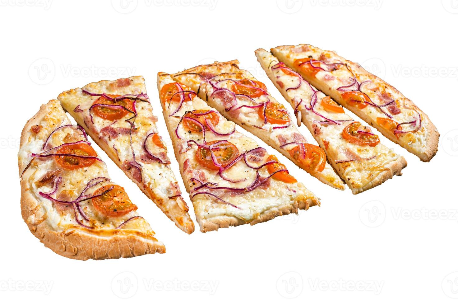Homemade Flammkuchen or tarte flambee with cream cheese, bacon, tomato and onions. Isolated on white background. photo