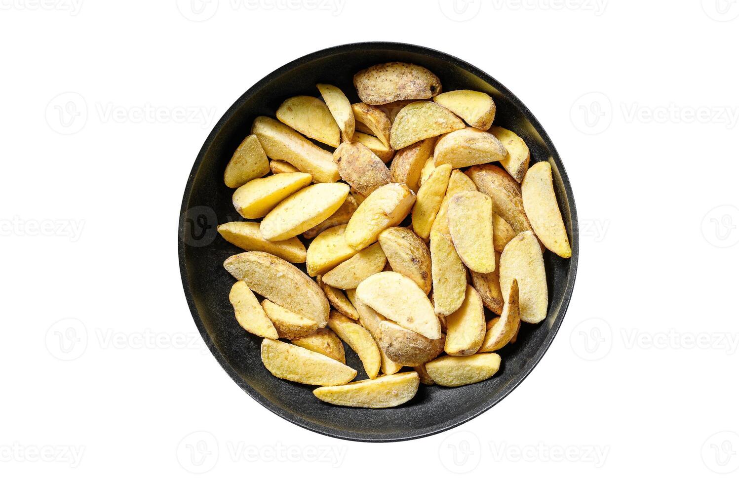 Frozen potato wedges in a pan. French fries. Isolate, white background. photo