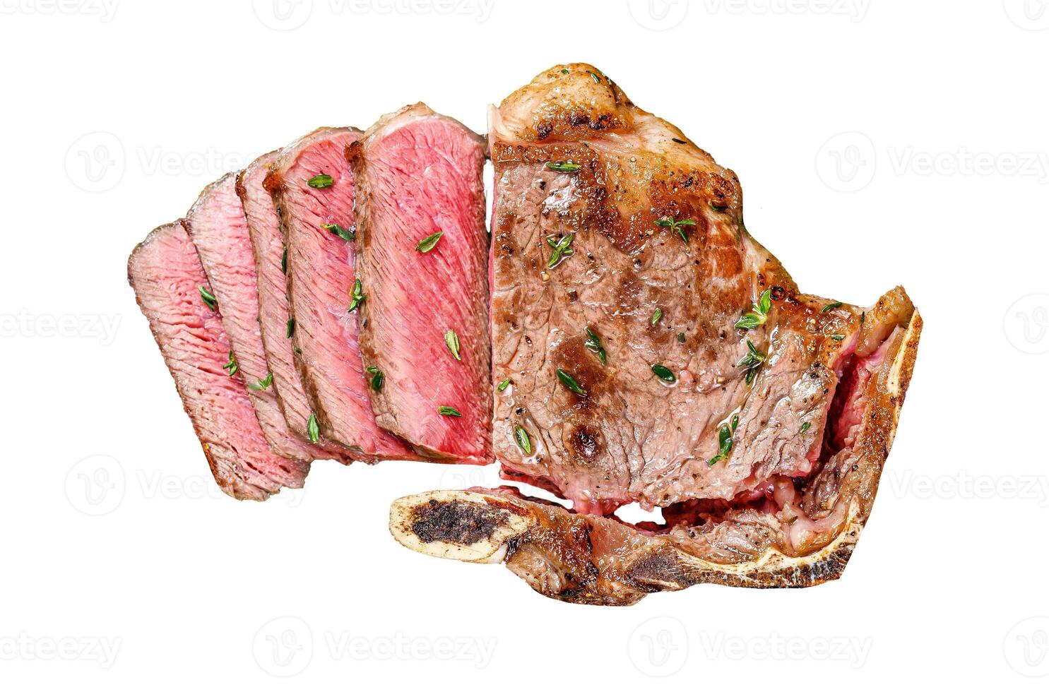 Rare sliced grilled club beef meat steak. Isolated on white background, Top view. photo