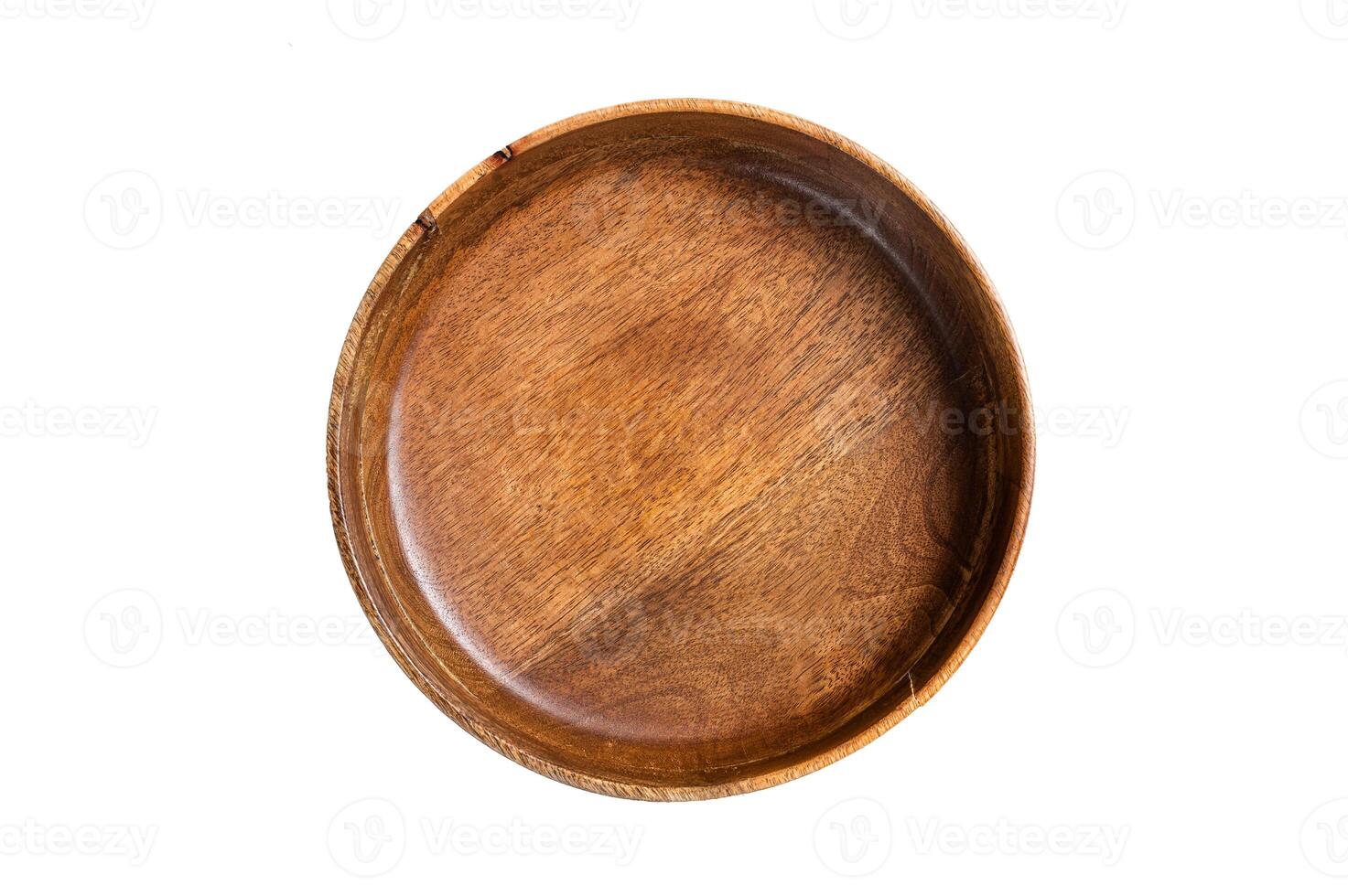 Food cooking and healthy eating background, Empty wooden craft plate on table. Isolated on white background photo