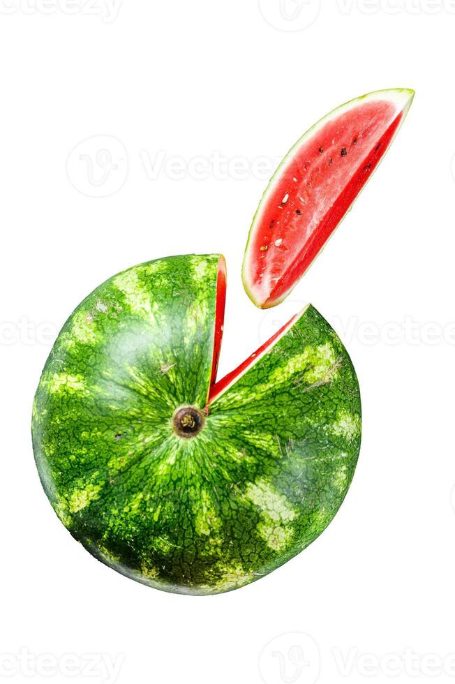 Red ripe watermelon with cut-out slices. Isolated on white background. Top view. photo