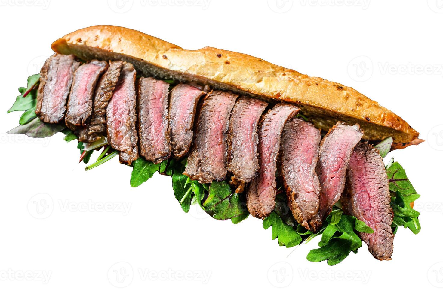 Grilled baguette steak sandwich with arugula and cheese. Isolated on white background, Top view. photo