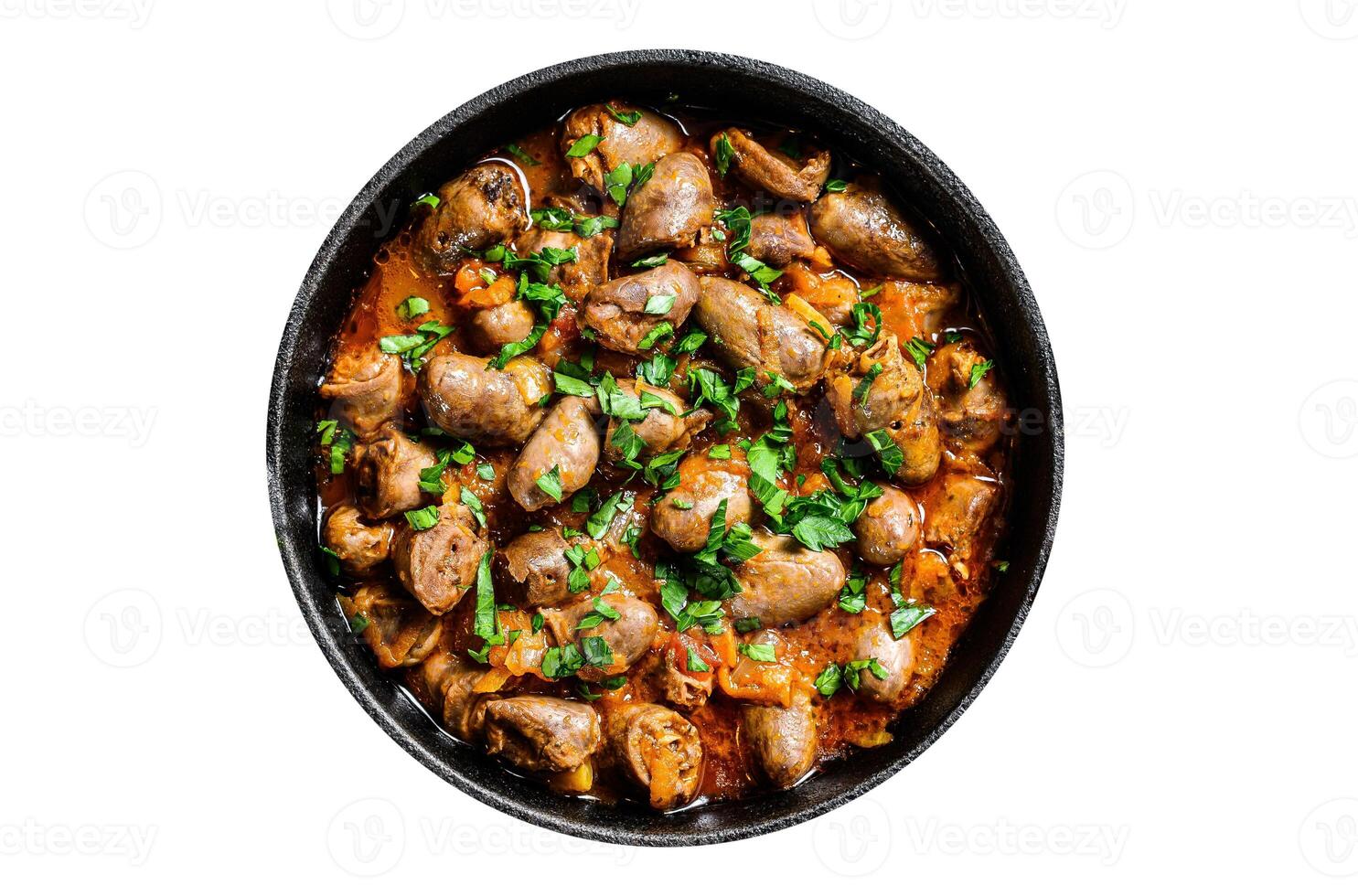Stew with chicken hearts and vegetables with fresh parsley. Isolate, white background. photo