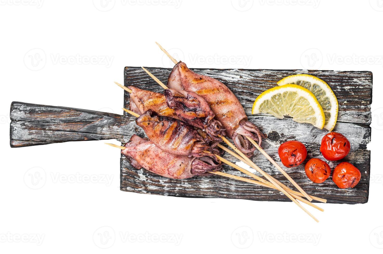 Japanese Barbecue Squid on stick. Isolated, white background. photo