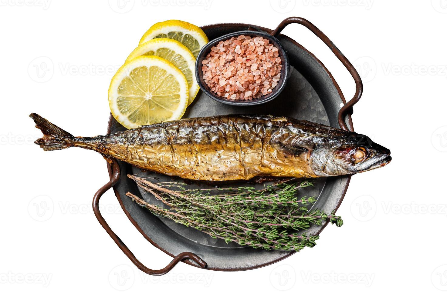 Baked Mackerel Scomber fish in steel tray with thyme and lemon. Isolated, white background. photo