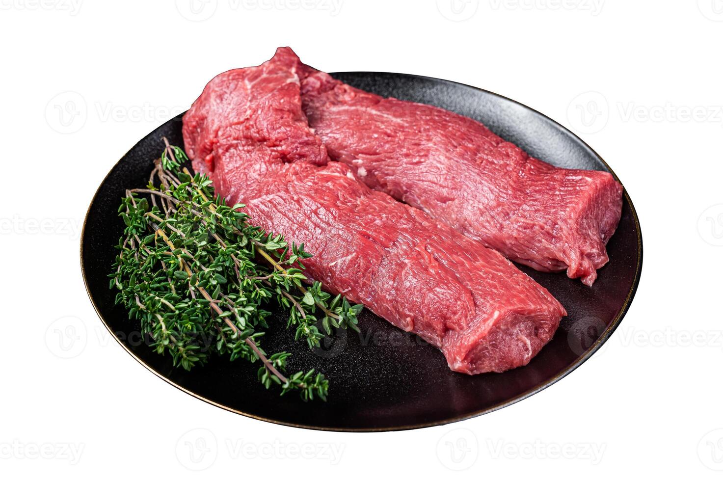 Halal fresh lamb tenderloin meat, Mutton sirloin fillet with thyme. Isolated on white background. Top view. photo