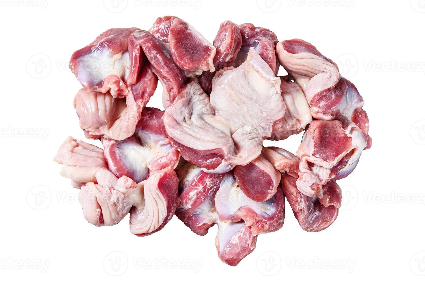 Raw uncooked chicken gizzards, stomach. Isolated on white background. Top view. photo